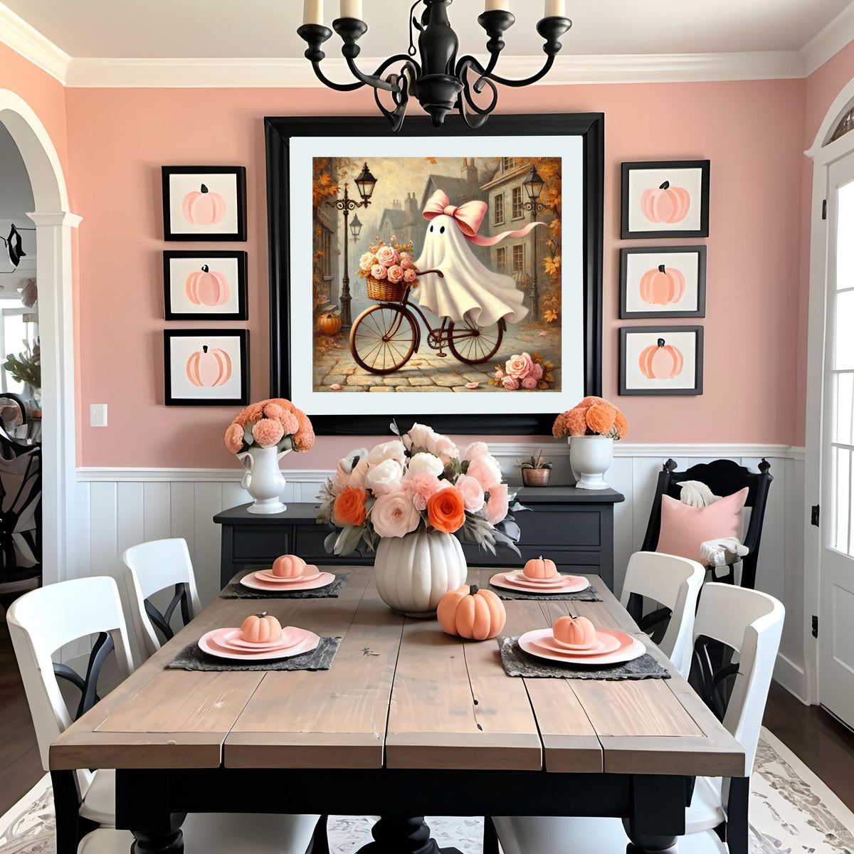 Coral the Ghost on Bike Art Print: Pink Bow, Halloween Decor (Digital Download)
