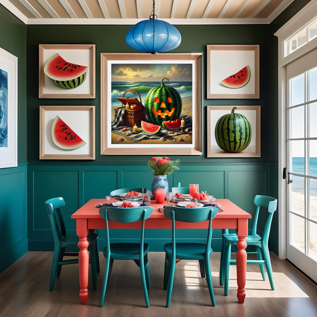 Watermelon Jack-o'-Lantern Print: Spooky Summer Beach Picnic (Digital Download)