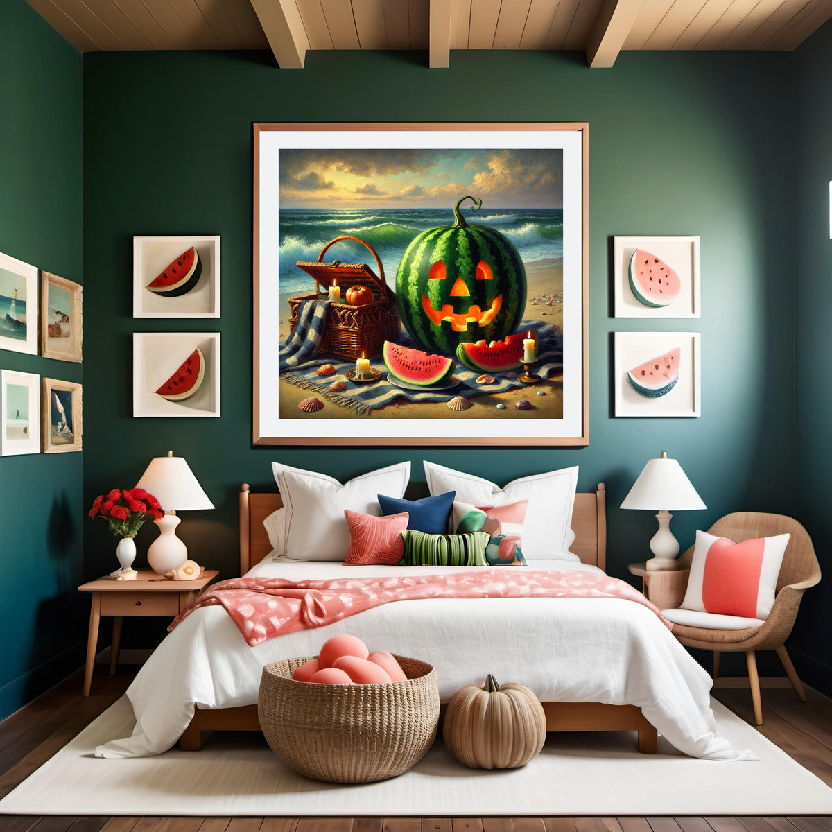 Watermelon Jack-o'-Lantern Print: Spooky Summer Beach Picnic (Digital Download)