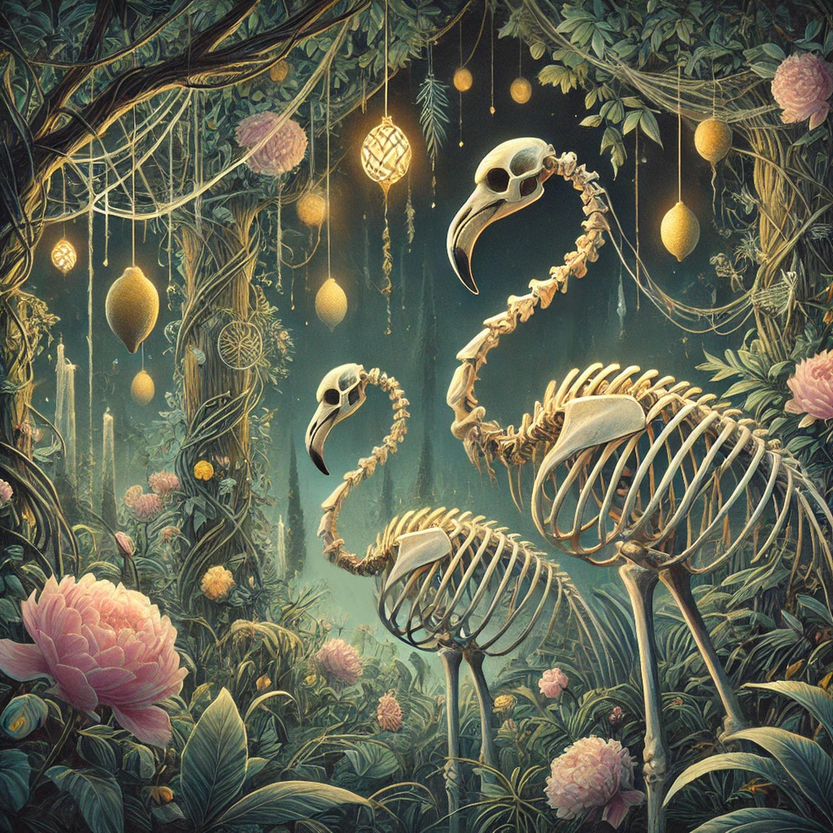 Skeleton Flamingo Garden Art Print: Gothic Summer Halloween Decor (Digital Download)