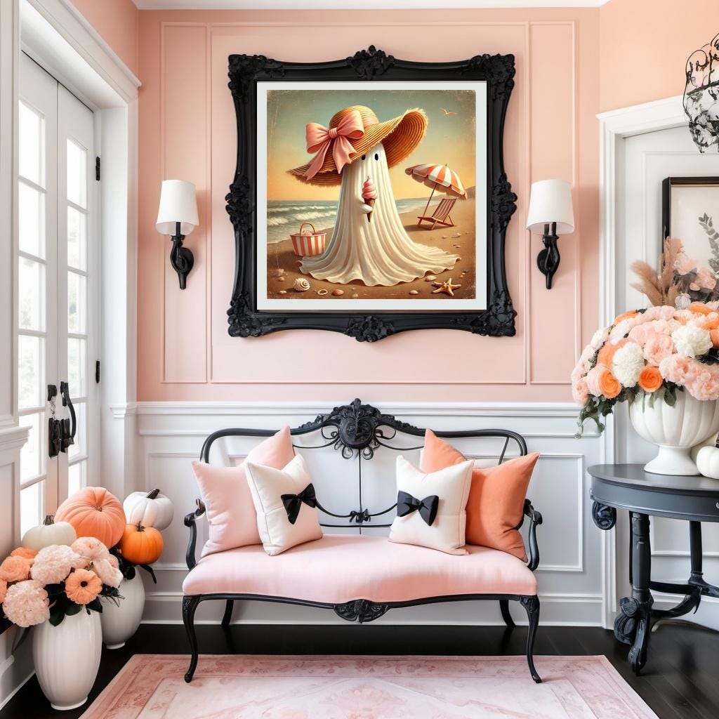 Coral the Ghost Having Icecream on the Beach: Halloween Summer Print (Digital Download)