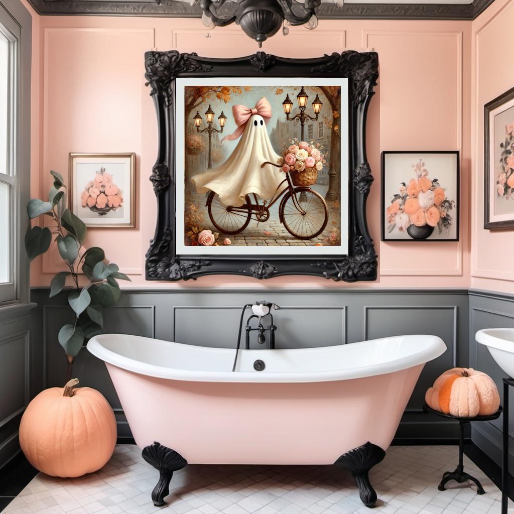 Coral the Ghost Riding her Bike: Vintage Halloween Art Print (Digital Download)