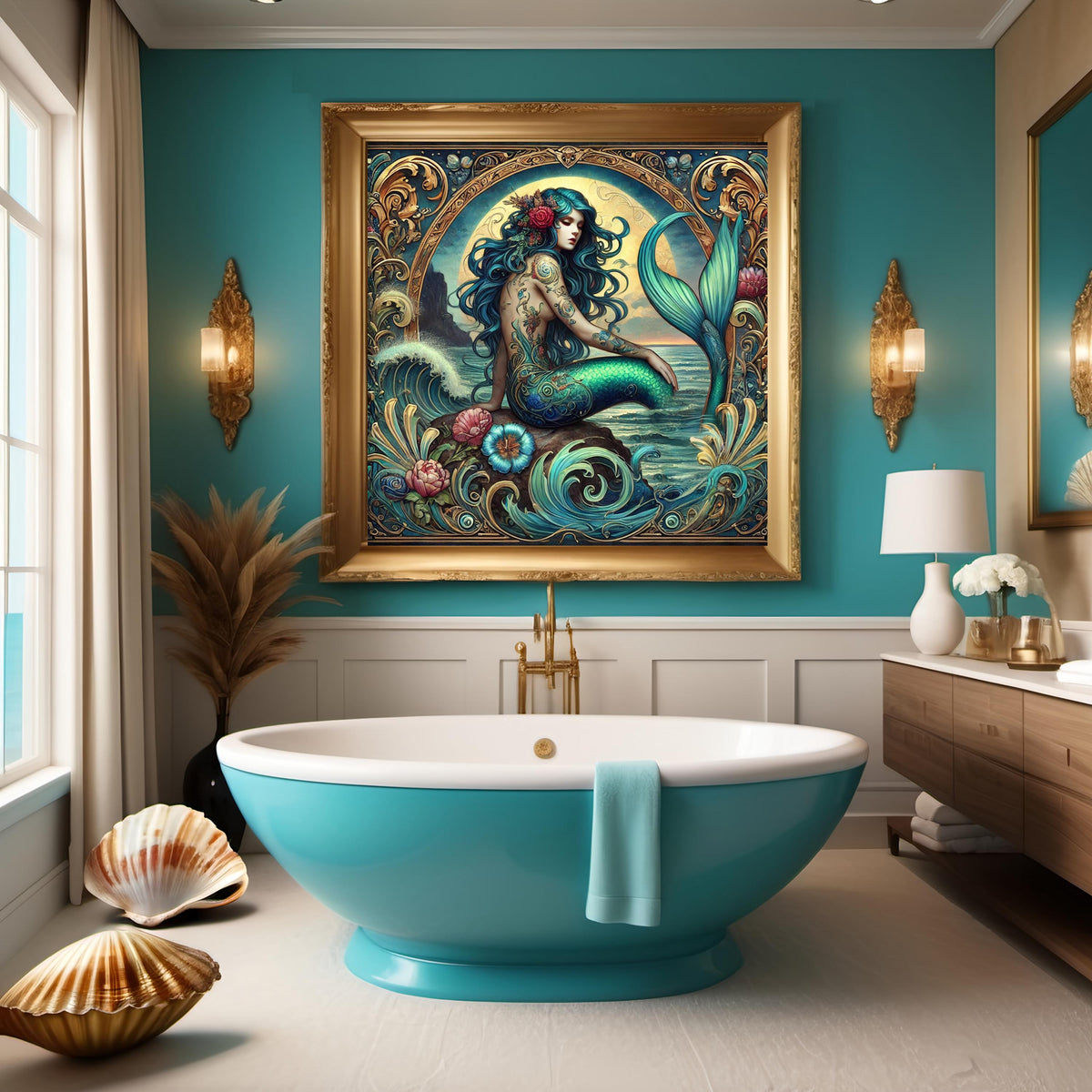 Art Nouveau Mermaid Tattoo Art Print: Golden Sunset Siren (Digital Download PNG 4096x4096px)