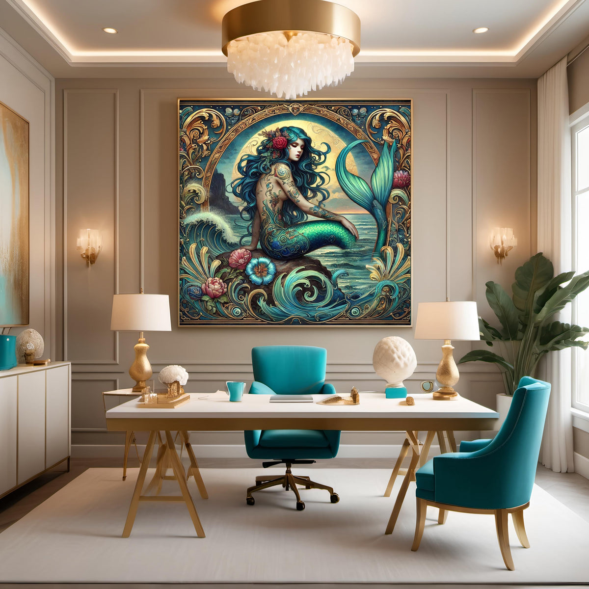 Art Nouveau Mermaid Tattoo Art Print: Golden Sunset Siren (Digital Download PNG 4096x4096px)