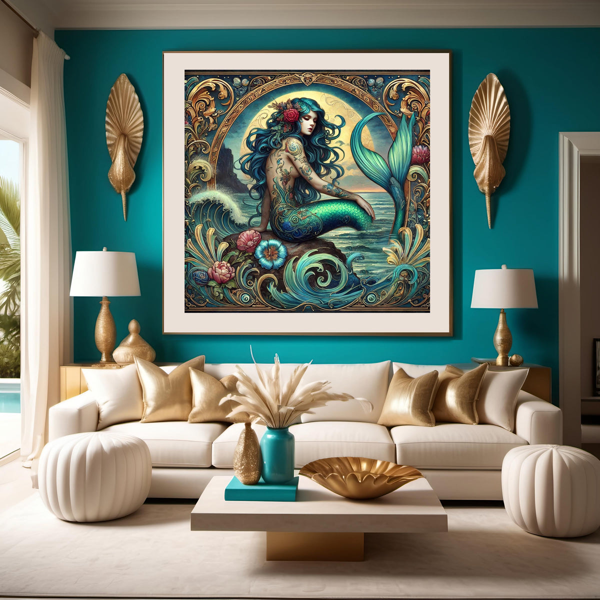 Art Nouveau Mermaid Tattoo Art Print: Golden Sunset Siren (Digital Download PNG 4096x4096px)