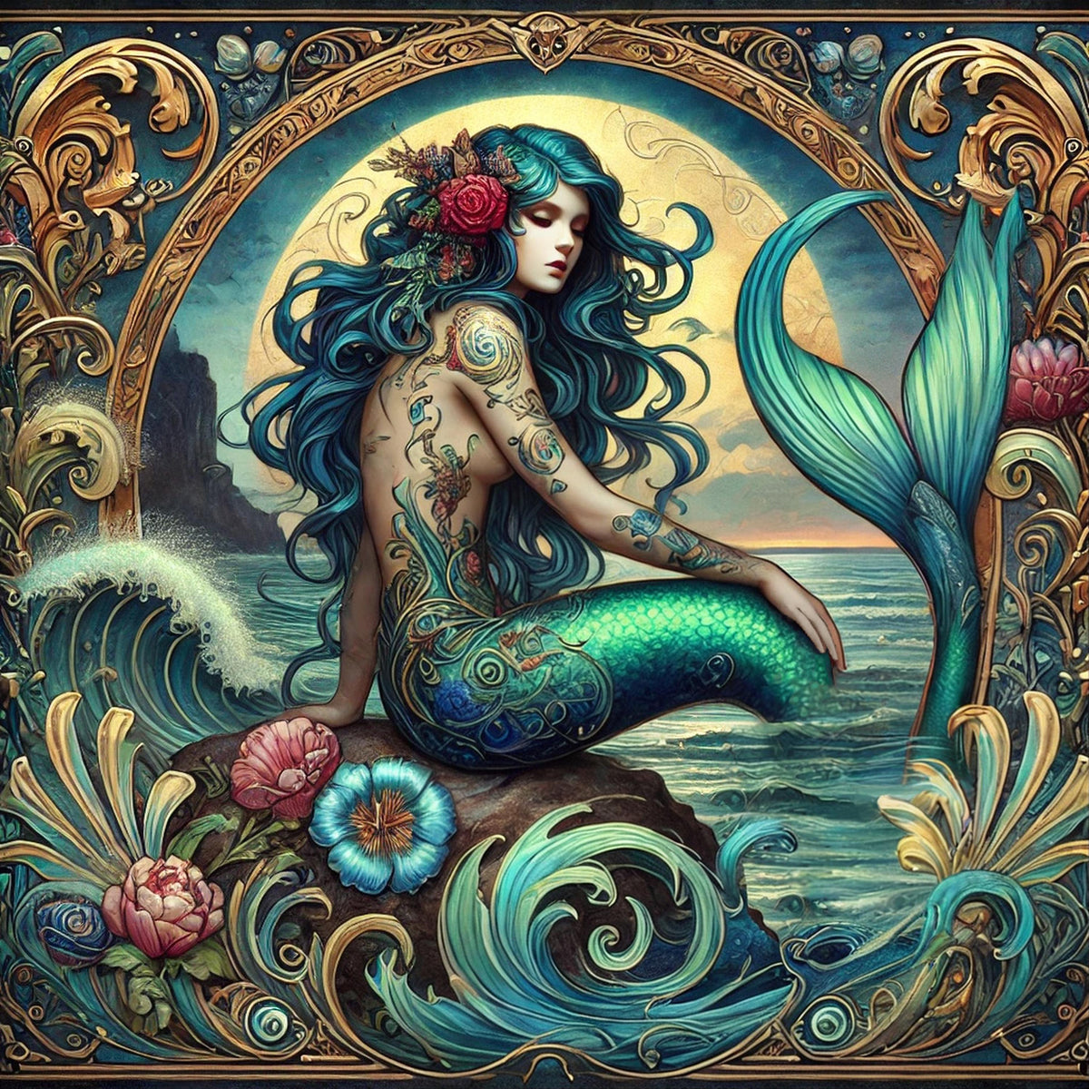 Art Nouveau Mermaid Tattoo Art Print: Golden Sunset Siren (Digital Download PNG 4096x4096px)