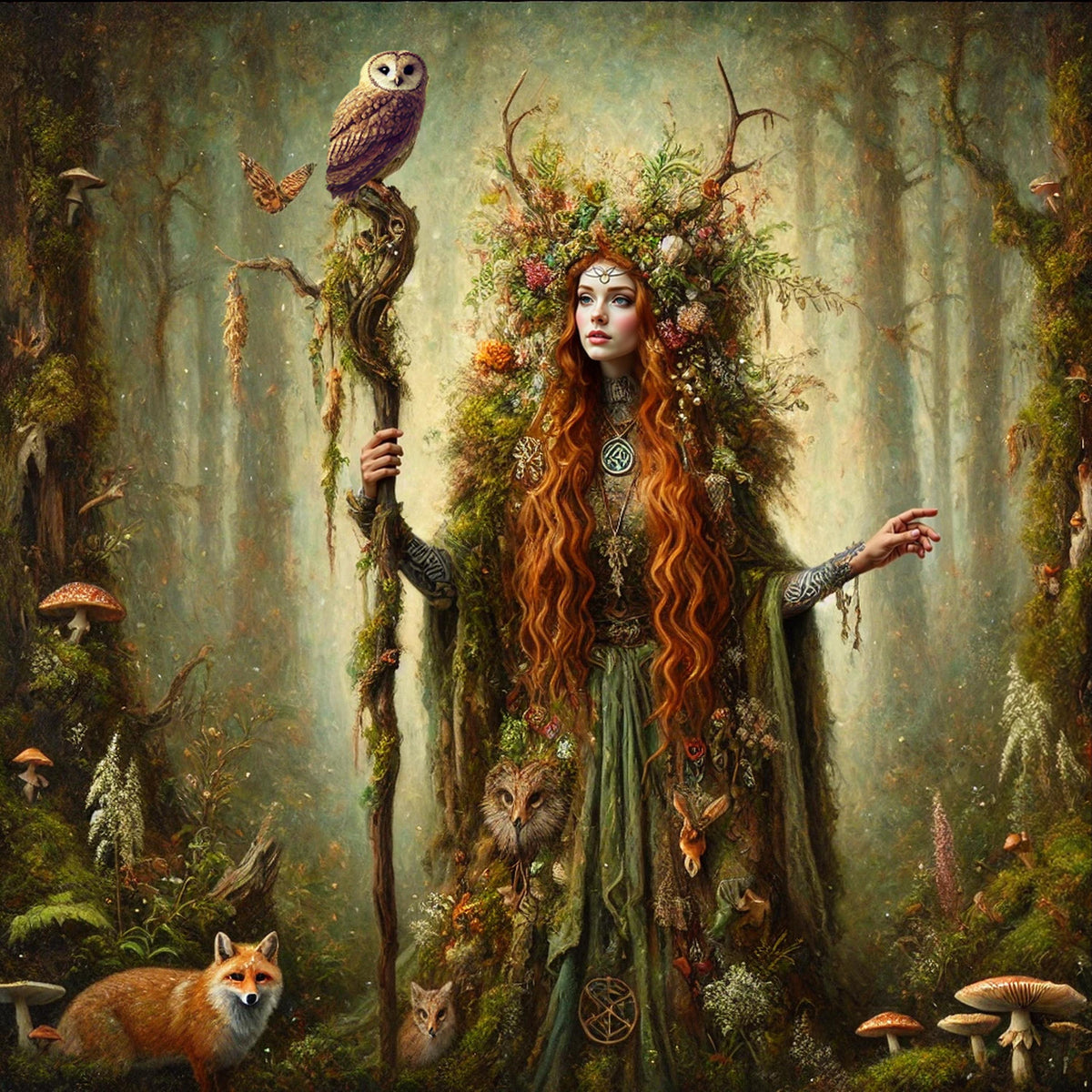 Forest Witch Digital Art Print: Tattooed Enchantress with Owl (Instant Download)