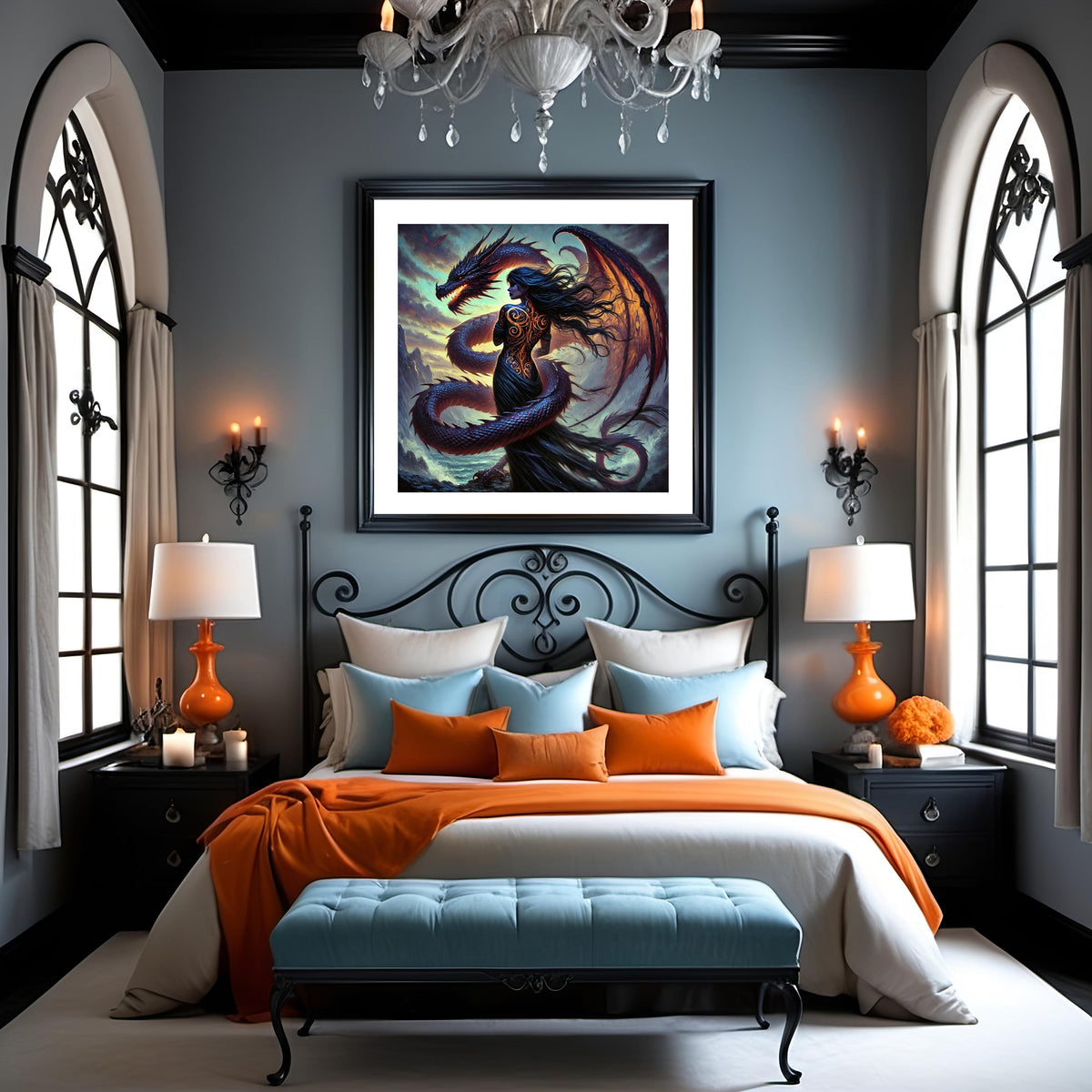 Dragon Woman Fantasy Art Print: Gothic Sorceress, Stormy Cliff (Digital Download)