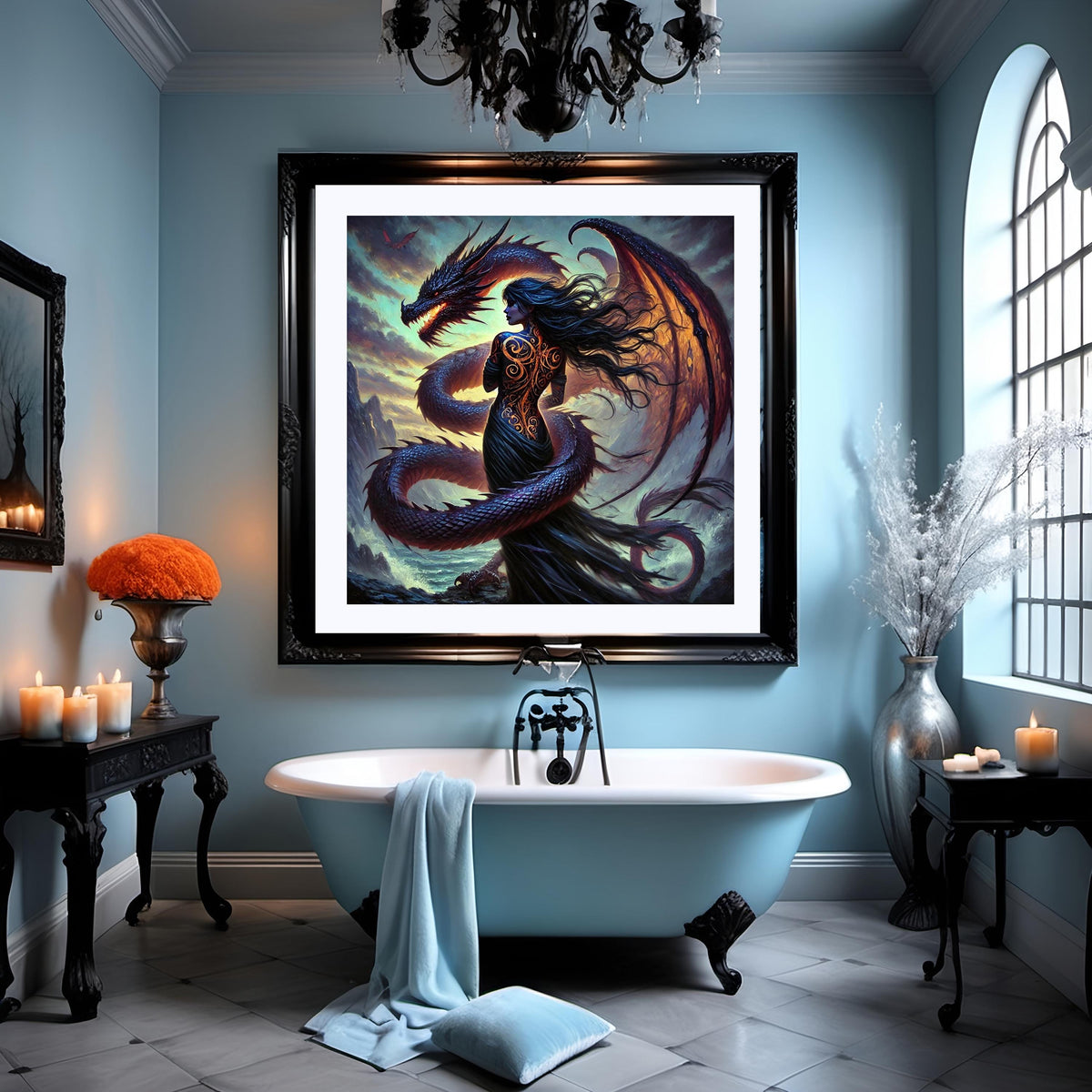 Dragon Woman Fantasy Art Print: Gothic Sorceress, Stormy Cliff (Digital Download)