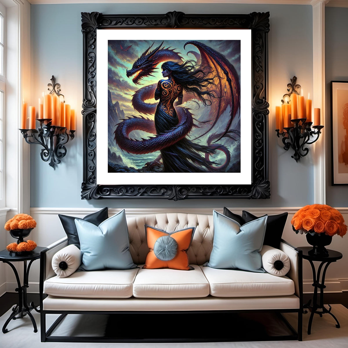 Dragon Woman Fantasy Art Print: Gothic Sorceress, Stormy Cliff (Digital Download)