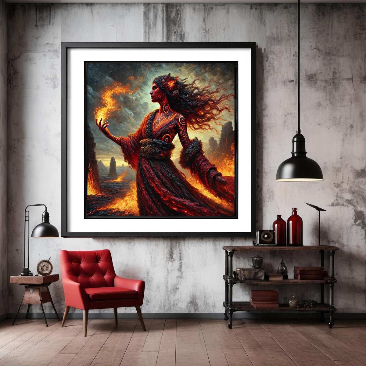 Tattooed Fire Witch Digital Art Print: Volcanic Lava Goddess (Instant Download)