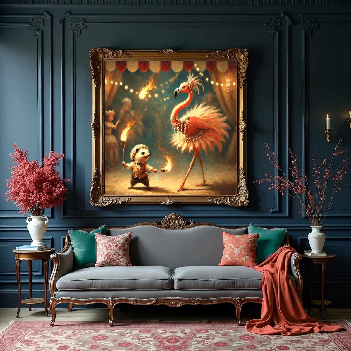 Flamingo Ballerina & Hedgehog Fire Juggler Print: Whimsical Circus Art (Digital Download)