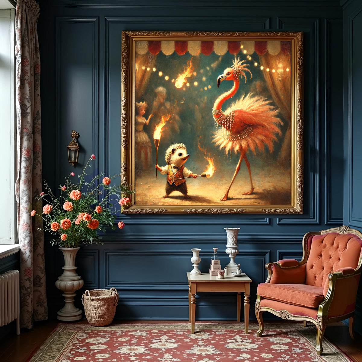 Flamingo Ballerina & Hedgehog Fire Juggler Print: Whimsical Circus Art (Digital Download)