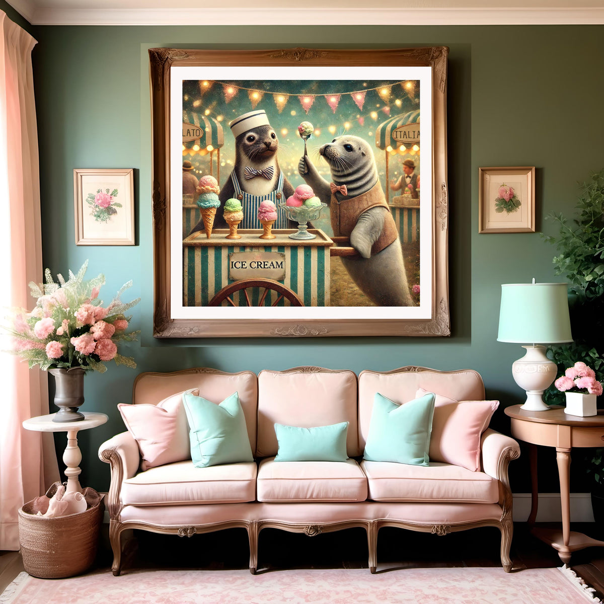 Whimsical Seal Ice Cream Print: Vintage Carnival Dessert Art (Digital Download)