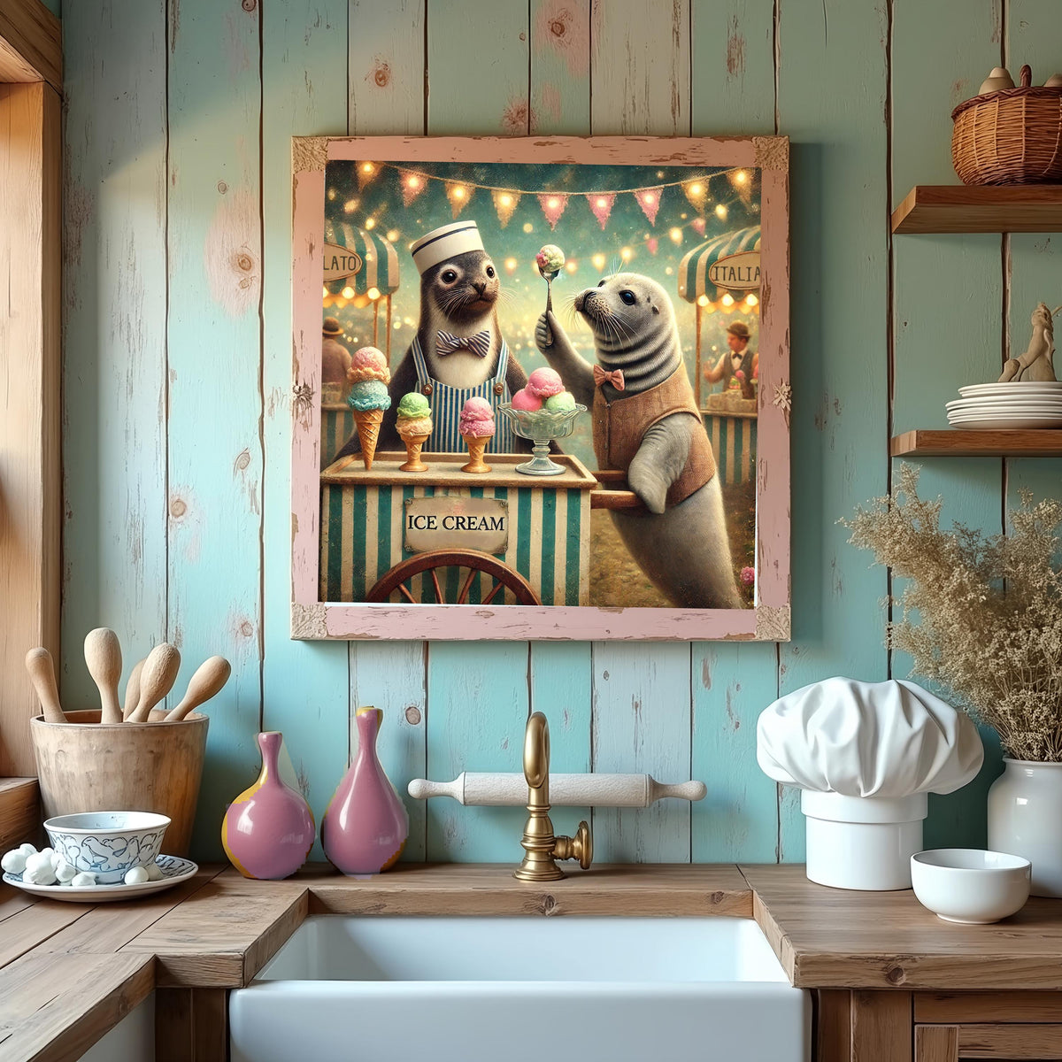 Whimsical Seal Ice Cream Print: Vintage Carnival Dessert Art (Digital Download)