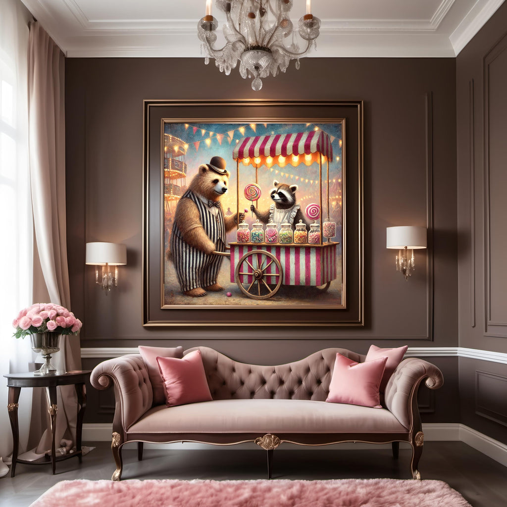 Vintage Carnival Bear and Raccoon Print: Whimsical Candy Cart Art (Digital Download)
