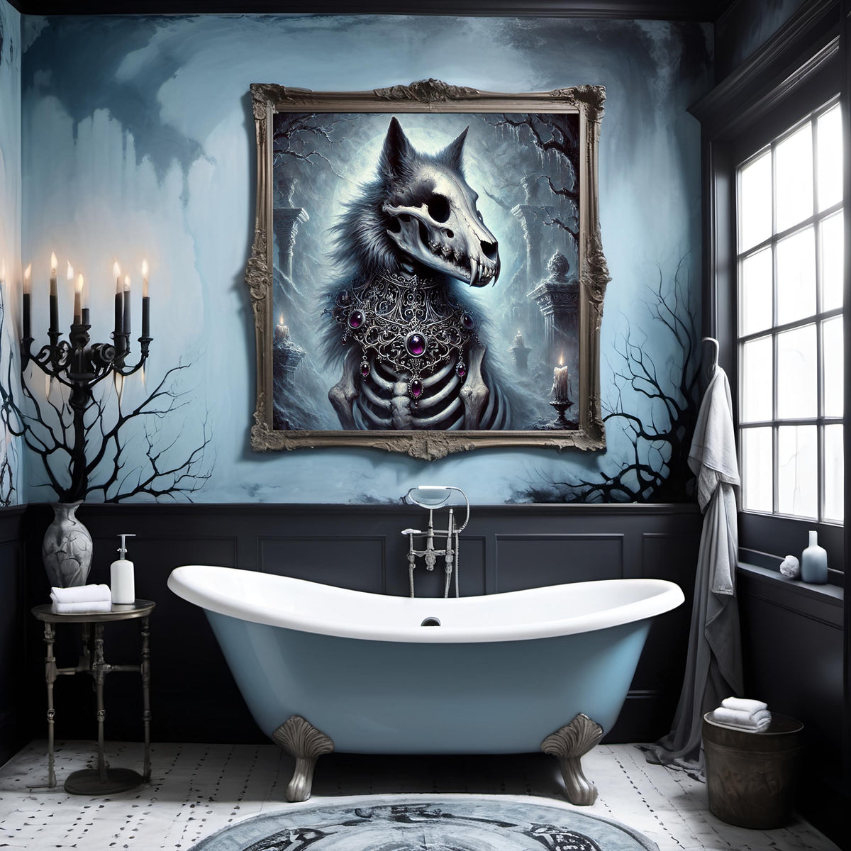 Gothic Skeleton Dire Wolf Print: Dark Fantasy Halloween Decor (Digital Art Download)
