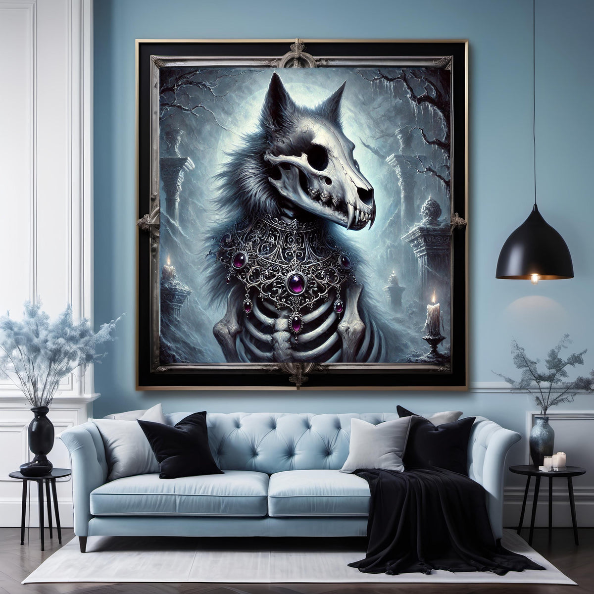 Gothic Skeleton Dire Wolf Print: Dark Fantasy Halloween Decor (Digital Art Download)