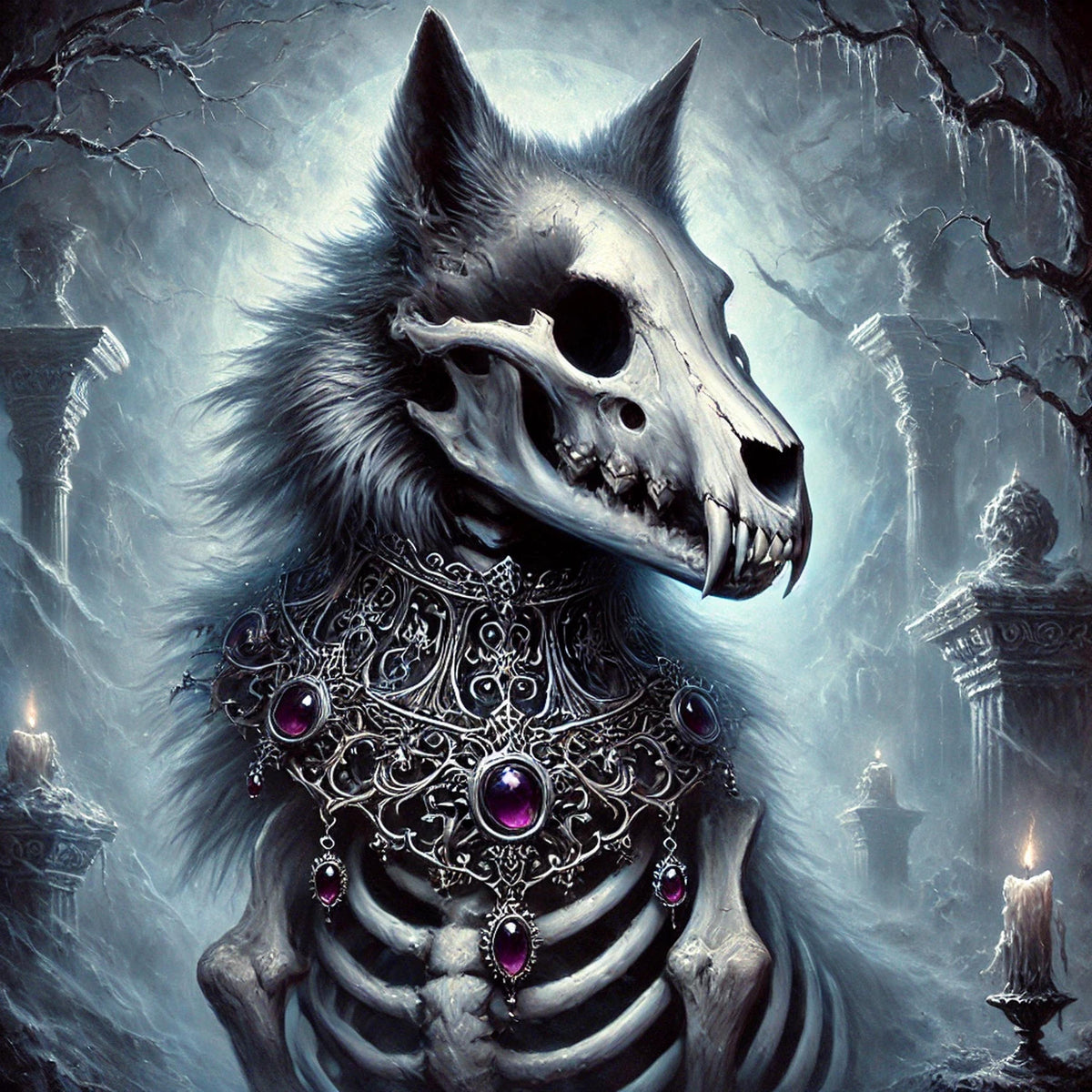 Gothic Skeleton Dire Wolf Print: Dark Fantasy Halloween Decor (Digital Art Download)