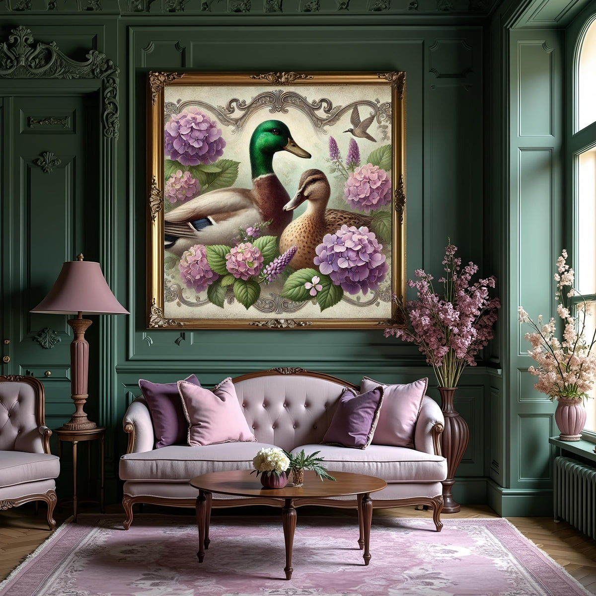 Vintage Mallard Ducks Print: Hydrangea Pond Scene (Digital Download)