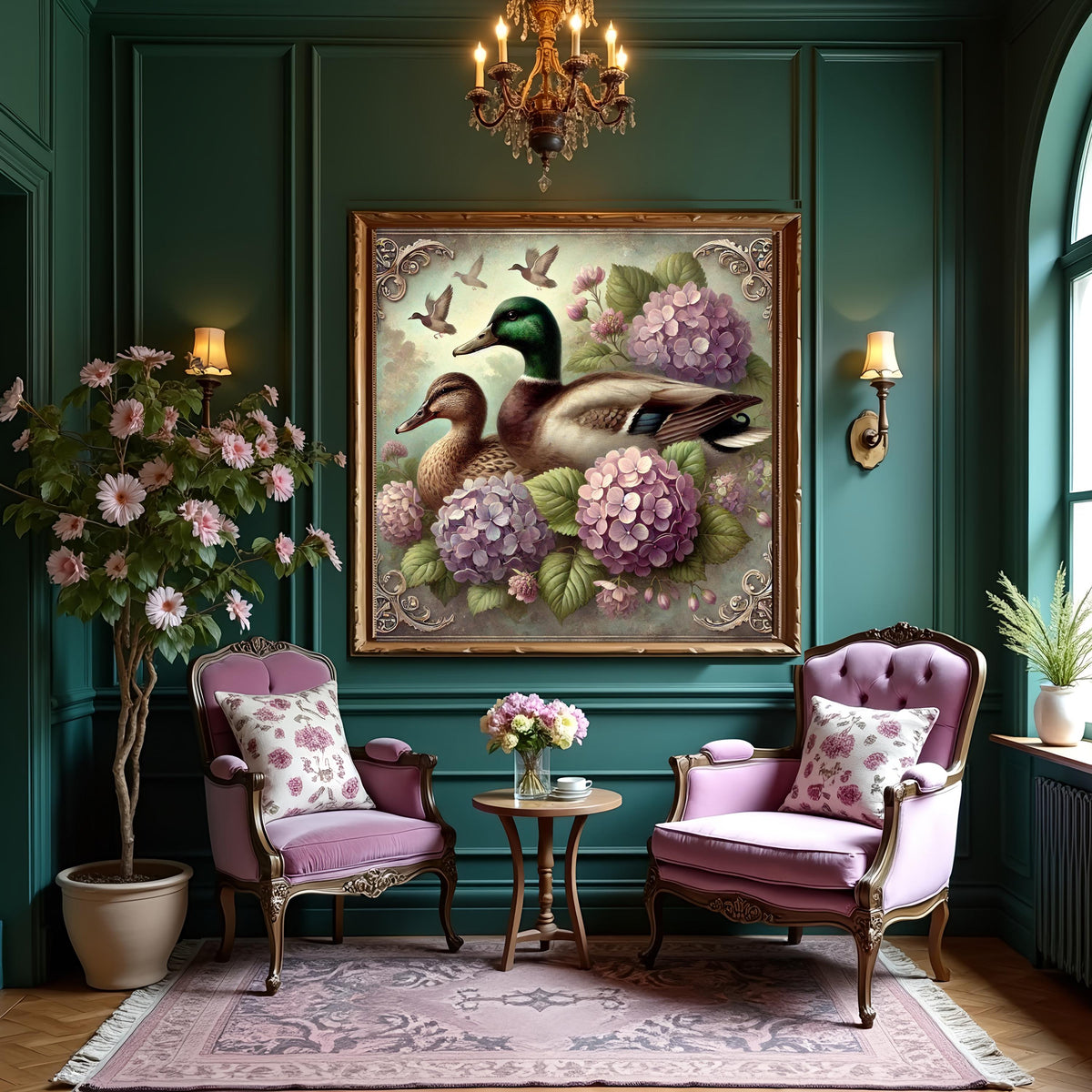 Victorian Mallard Duck Print: Hydrangea Pond Scene (Digital Download)
