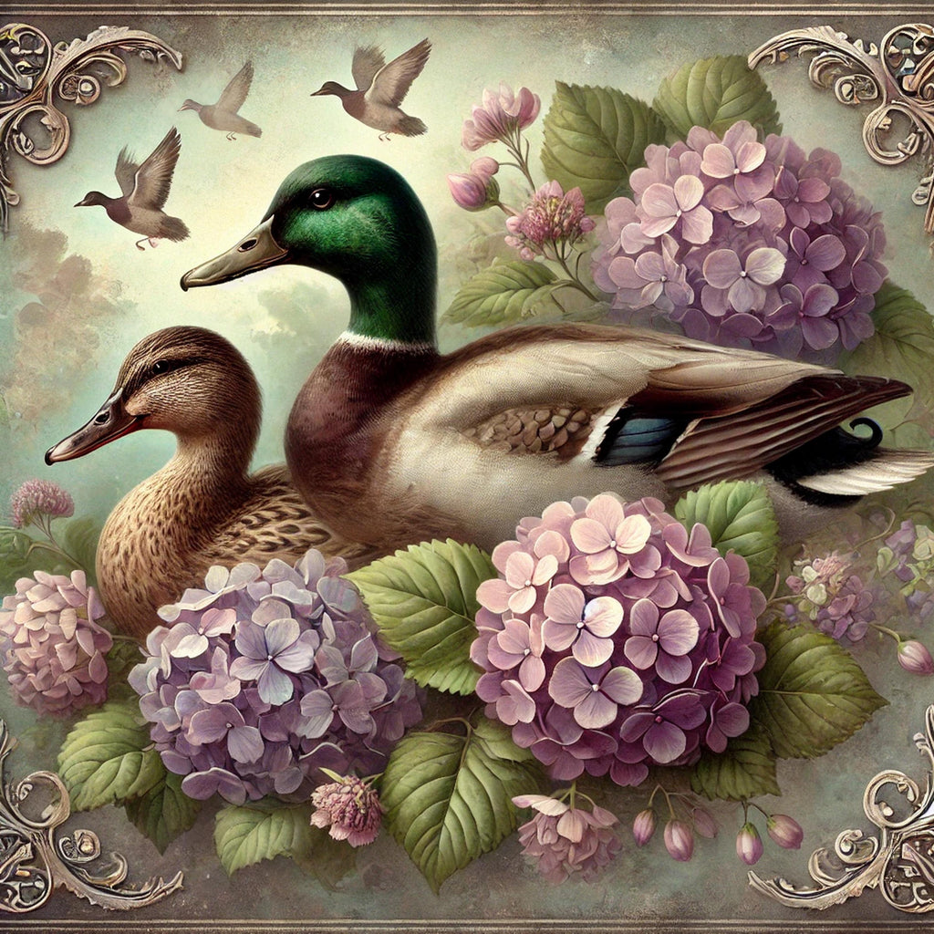 Victorian Mallard Duck Print: Hydrangea Pond Scene (Digital Download)