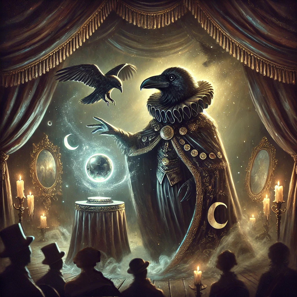 Raven Illusionist Print: Vintage Gothic Carnival Stage Art (Digital Download)