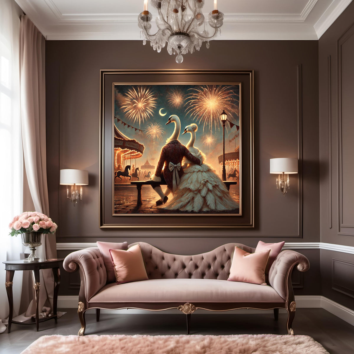 Swan Couple Carnival Print: Romantic Anthropomorphic Animal Art (Digital Download)