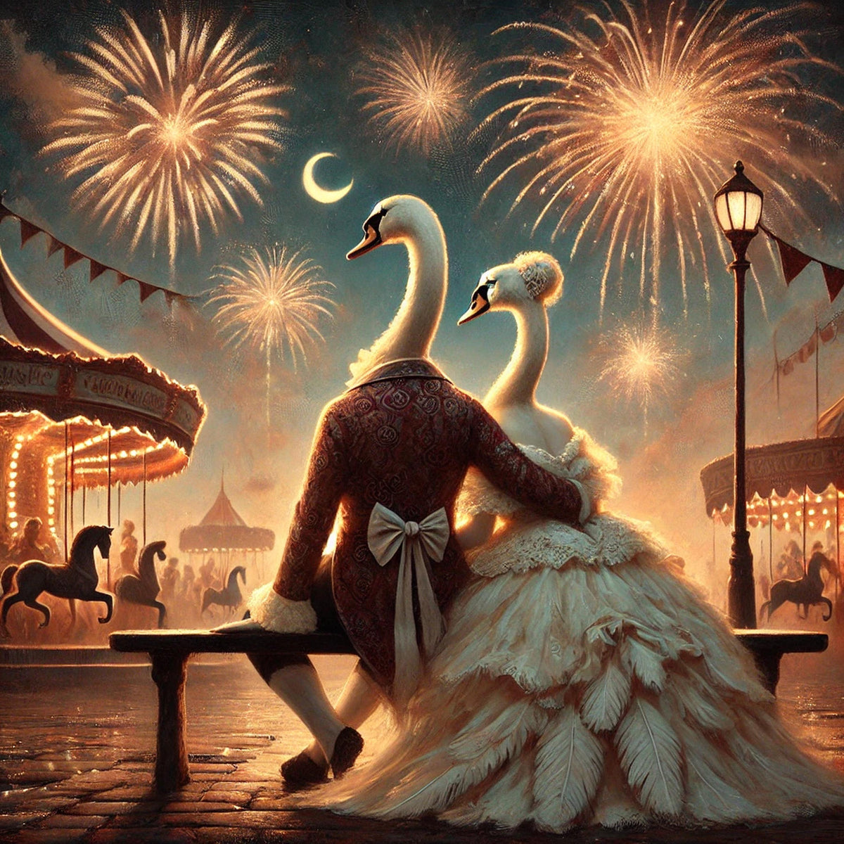 Swan Couple Carnival Print: Romantic Anthropomorphic Animal Art (Digital Download)