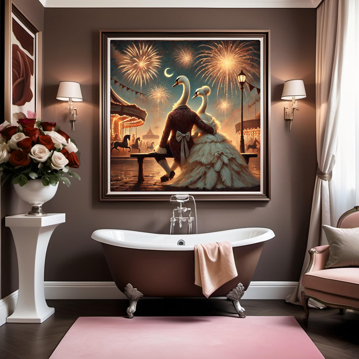 Swan Couple Carnival Print: Romantic Anthropomorphic Animal Art (Digital Download)