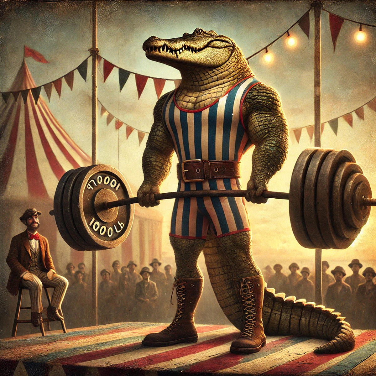 Vintage Alligator Strongman Print: Anthropomorphic Circus Art (Digital Download)