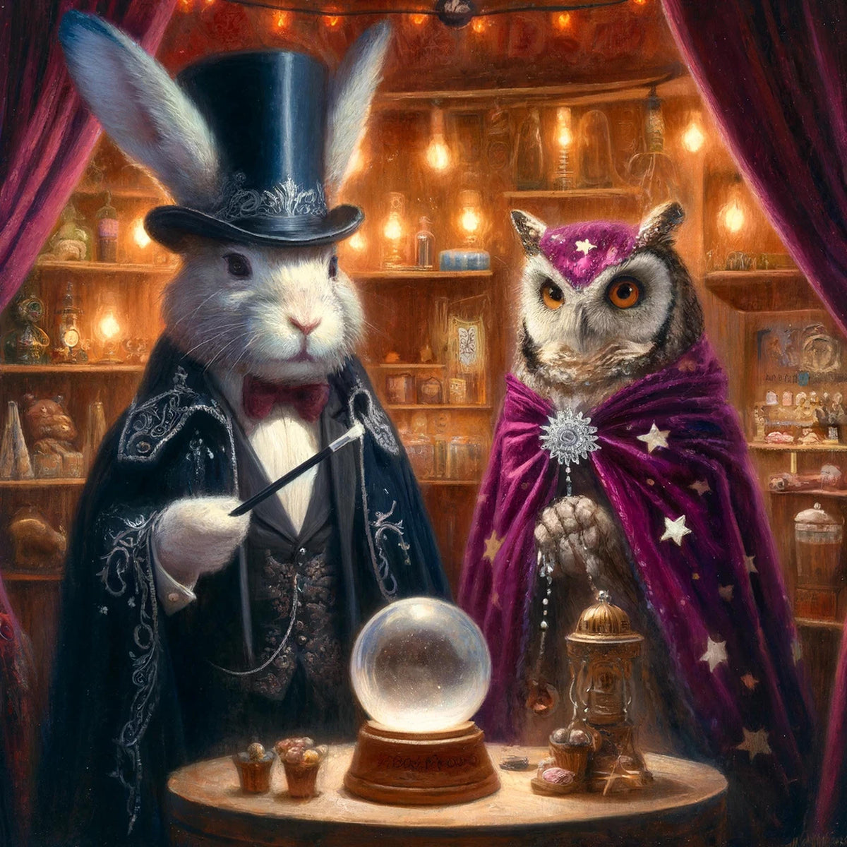 Magician Rabbit & Fortune Teller Owl Vintage Carnival Art (Digital Download)