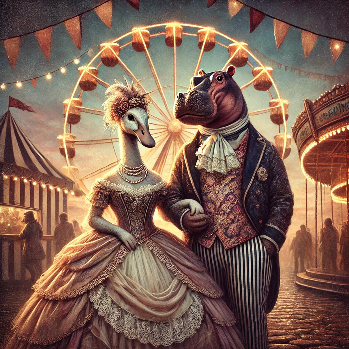 Vintage Swan and Hippo Carnival Print: Romantic Anthropomorphic Art (Digital Download)