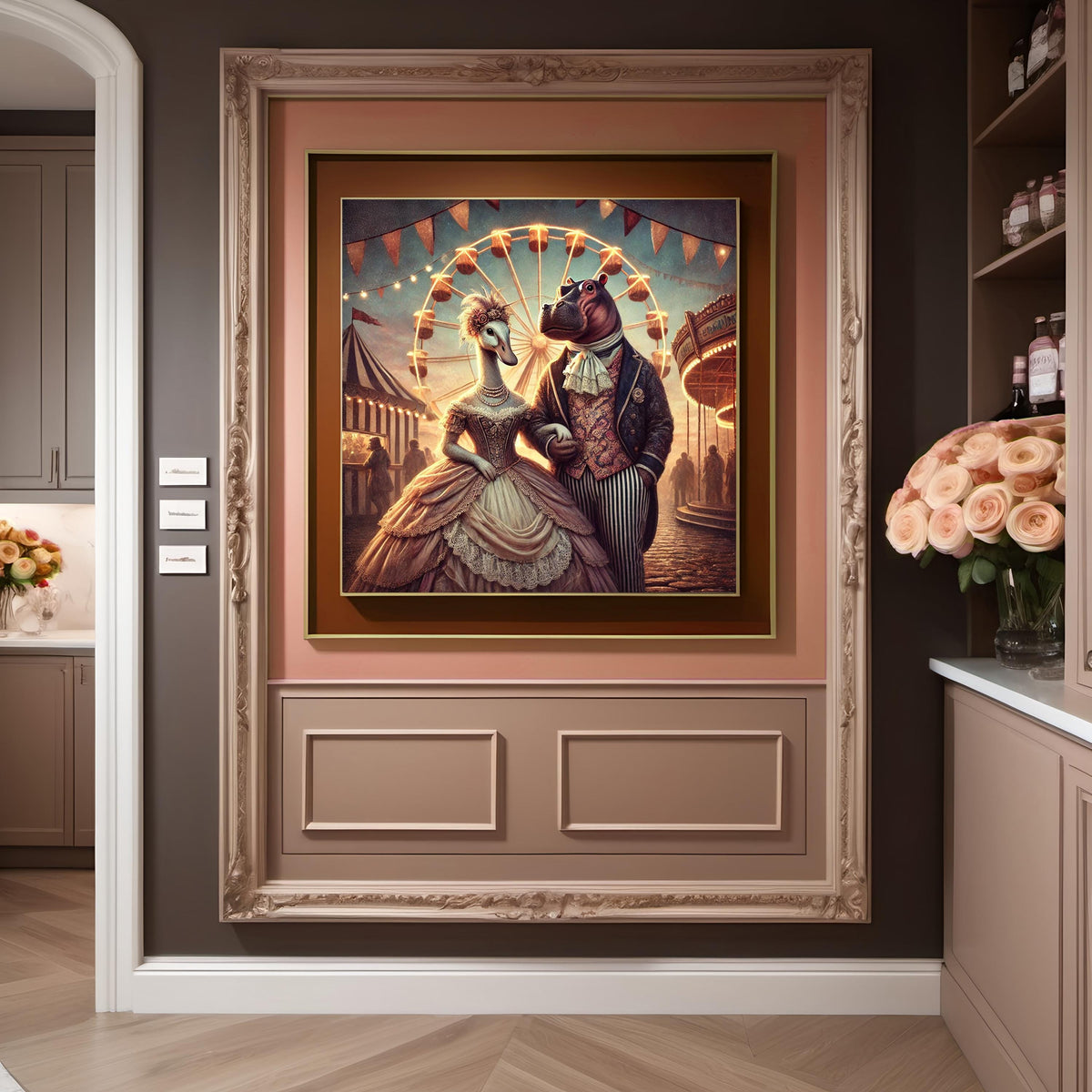 Vintage Swan and Hippo Carnival Print: Romantic Anthropomorphic Art (Digital Download)