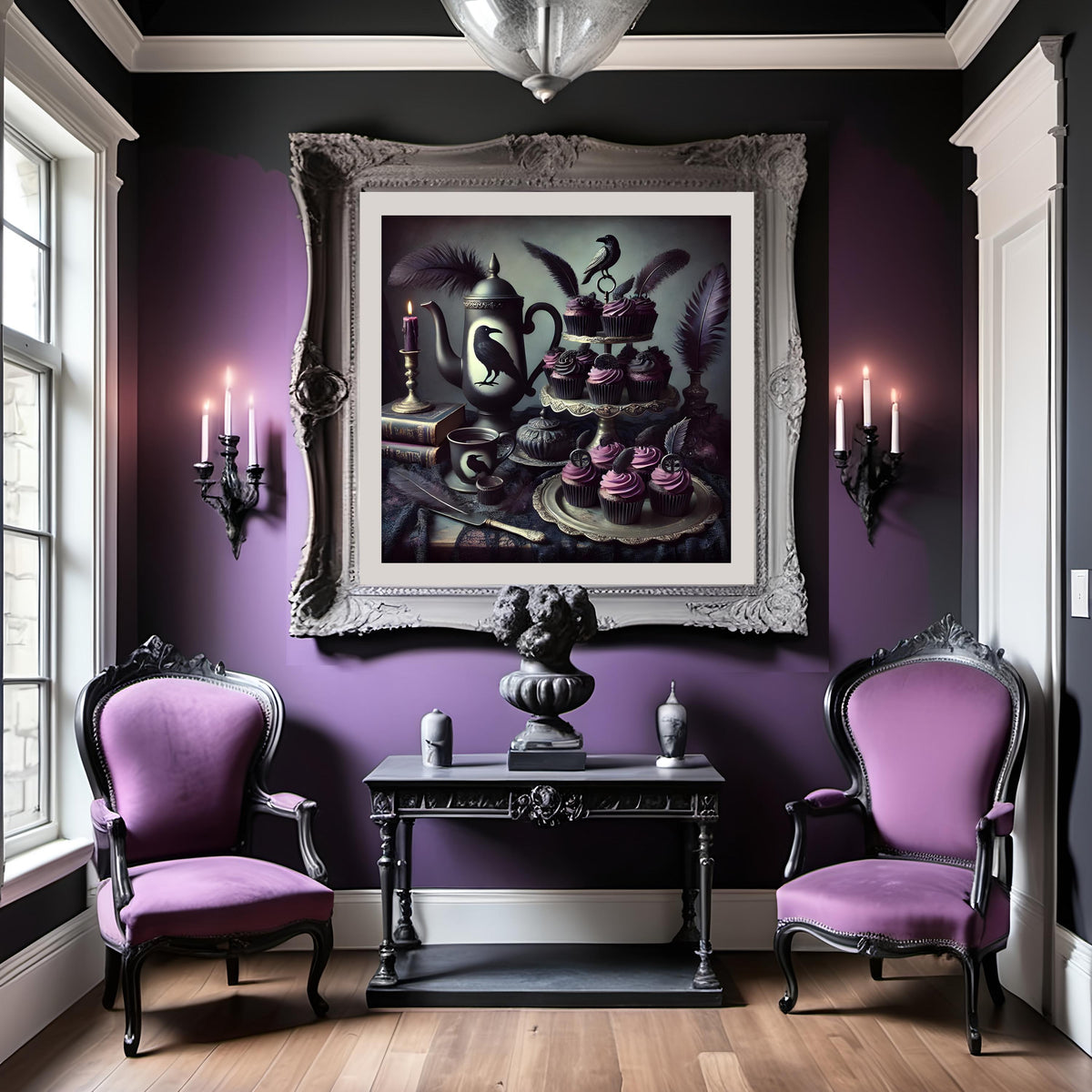 Gothic Raven Tea Party Art Print: Dark Romantic Halloween Decor (Digital Download)