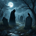 Gothic Graveyard Digital Art Print: Spooky Halloween Cemetery Art