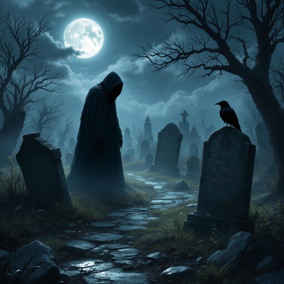Gothic Graveyard Digital Art Print: Spooky Halloween Cemetery Art