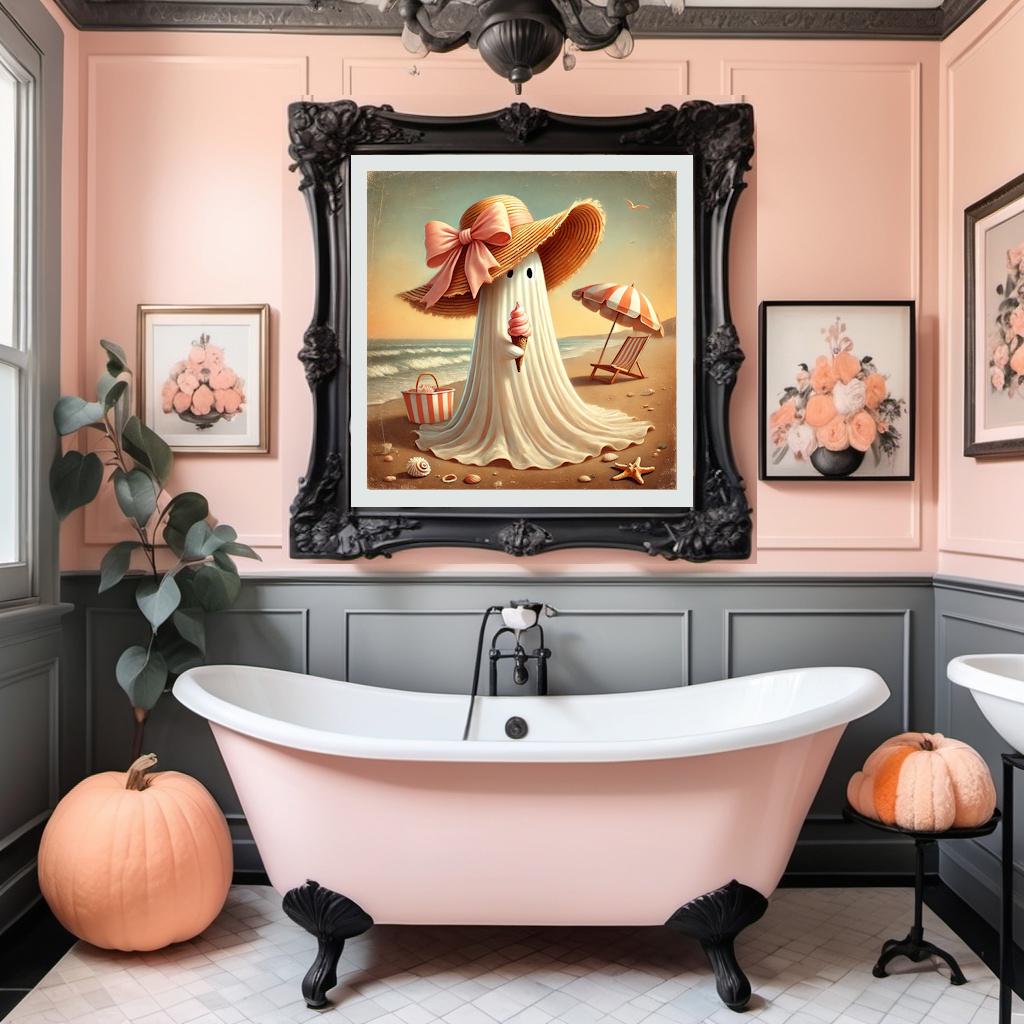Coral the Ghost Having Icecream on the Beach: Halloween Summer Print (Digital Download)
