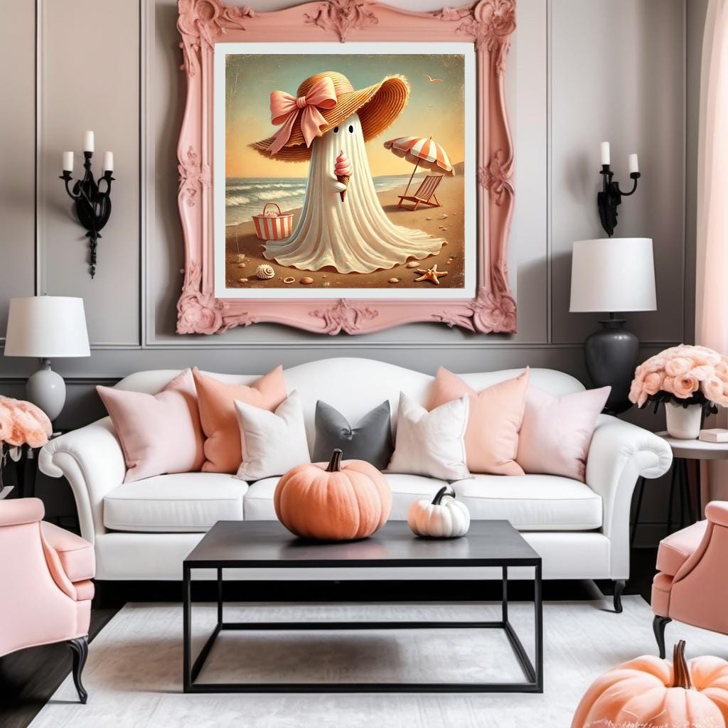Coral the Ghost Having Icecream on the Beach: Halloween Summer Print (Digital Download)