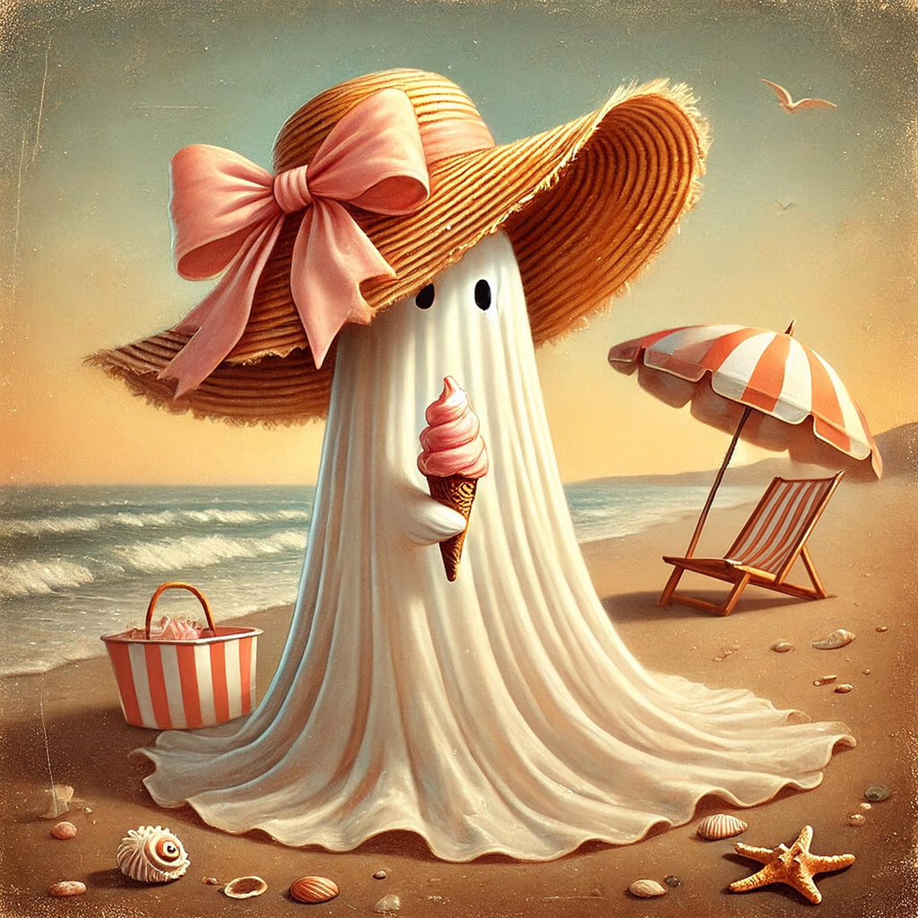 Coral the Ghost Having Icecream on the Beach: Halloween Summer Print (Digital Download)