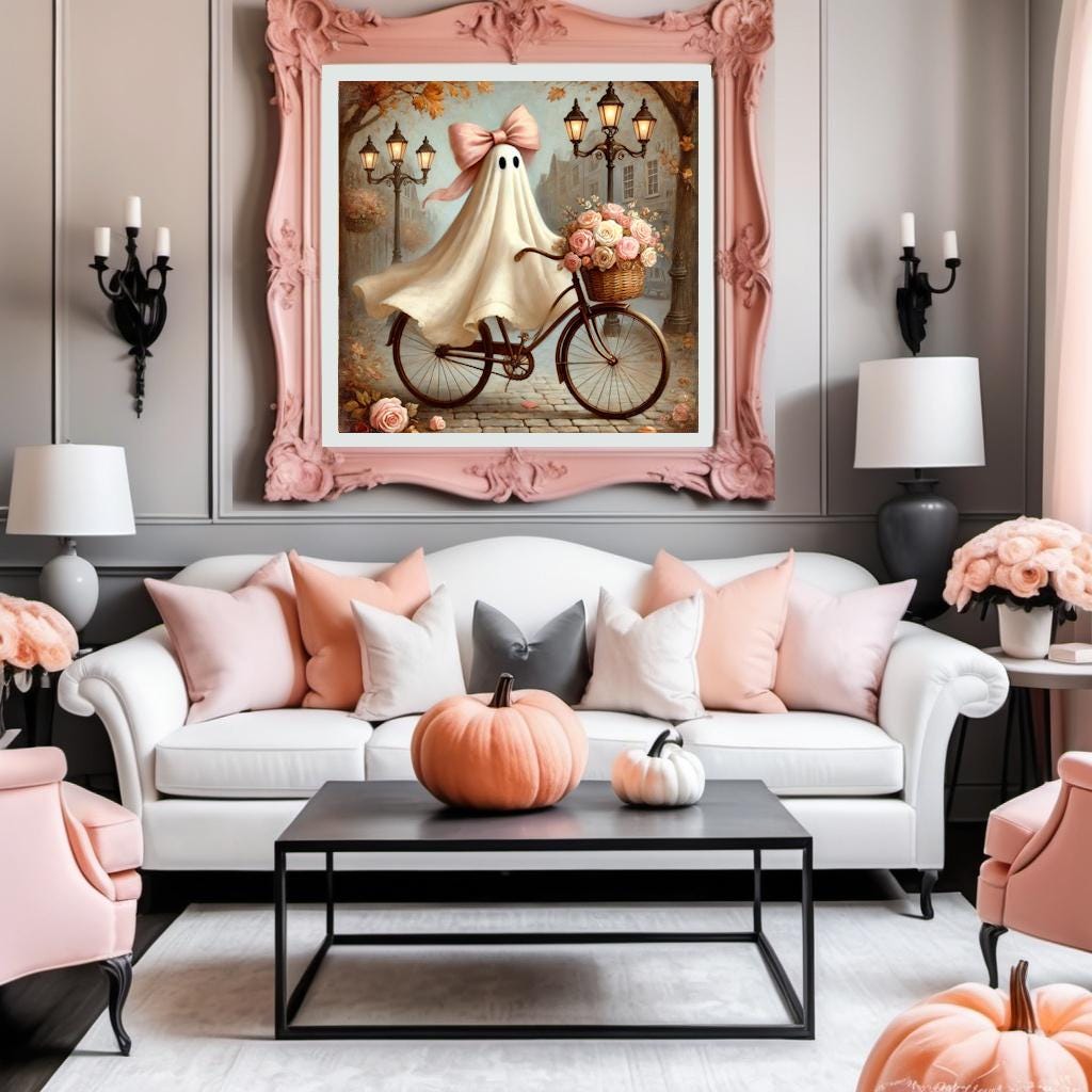 Coral the Ghost Riding her Bike: Vintage Halloween Art Print (Digital Download)
