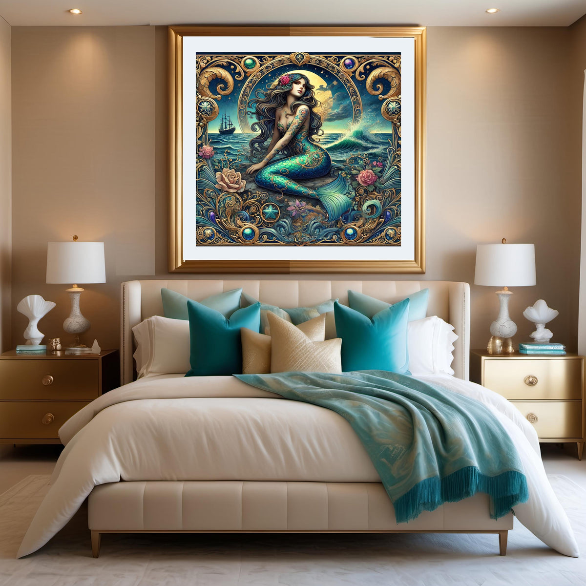 Art Nouveau Mermaid Art Print: Tattooed Siren, Fantasy Ocean (Digital Download)