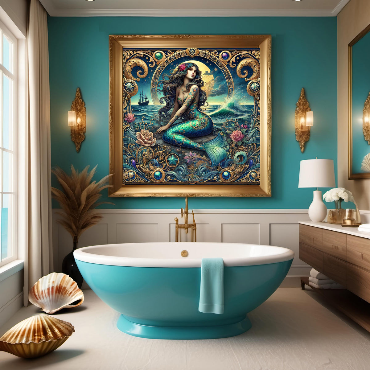 Art Nouveau Mermaid Art Print: Tattooed Siren, Fantasy Ocean (Digital Download)