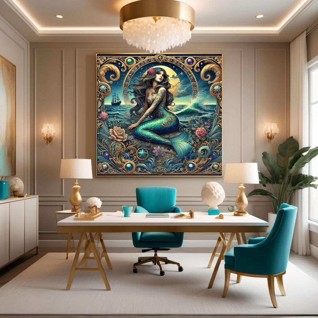 Art Nouveau Mermaid Art Print: Tattooed Siren, Fantasy Ocean (Digital Download)