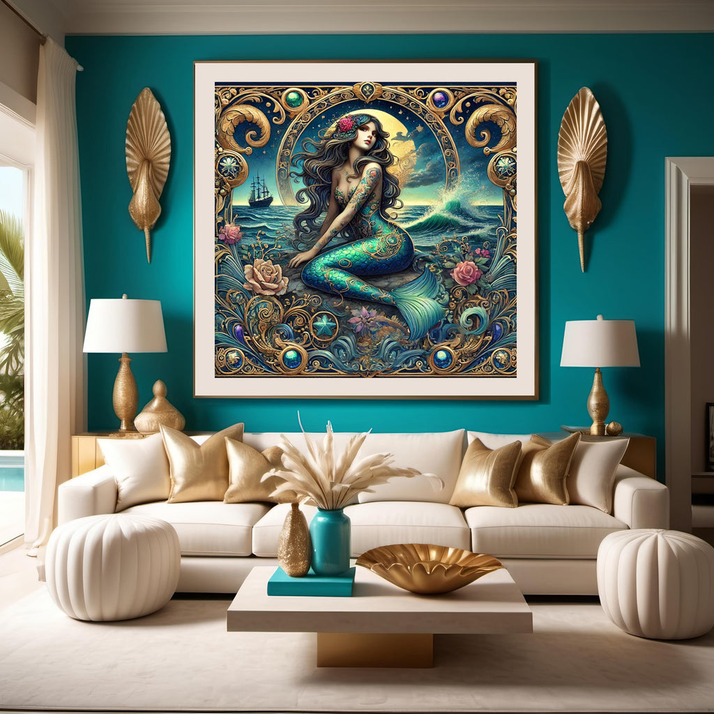 Art Nouveau Mermaid Art Print: Tattooed Siren, Fantasy Ocean (Digital Download)