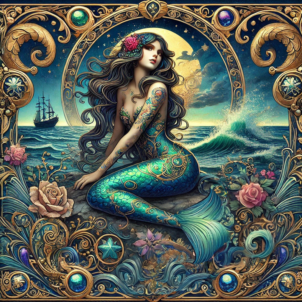 Art Nouveau Mermaid Art Print: Tattooed Siren, Fantasy Ocean (Digital Download)