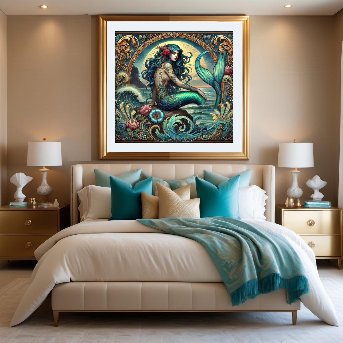 Art Nouveau Mermaid Tattoo Art Print: Golden Sunset Siren (Digital Download PNG 4096x4096px)