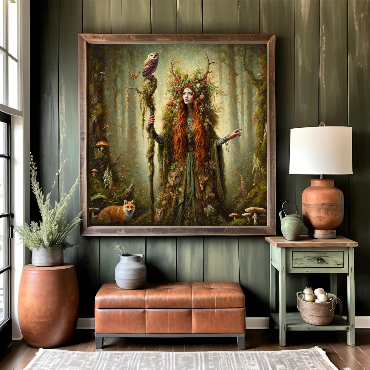 Forest Witch Digital Art Print: Tattooed Enchantress with Owl (Instant Download)