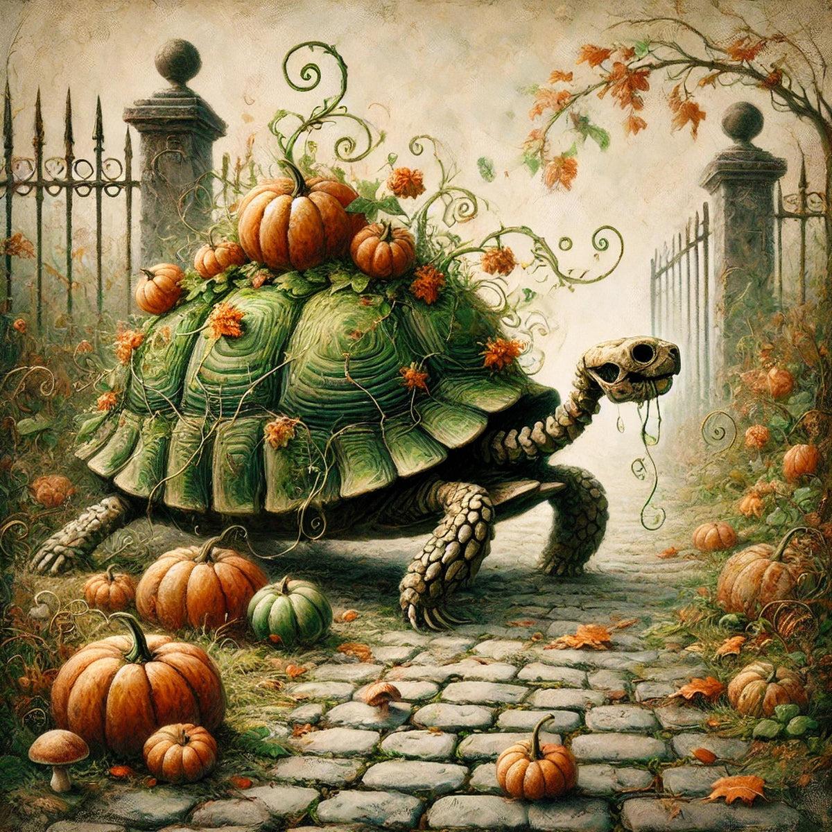 Skeleton Turtle Fall Art Print: Whimsical Halloween Animal Decor (Digital Download)