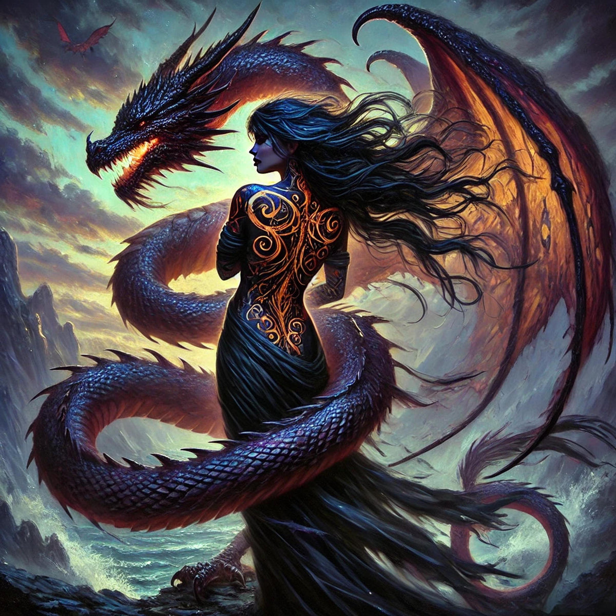 Dragon Woman Fantasy Art Print: Gothic Sorceress, Stormy Cliff (Digital Download)